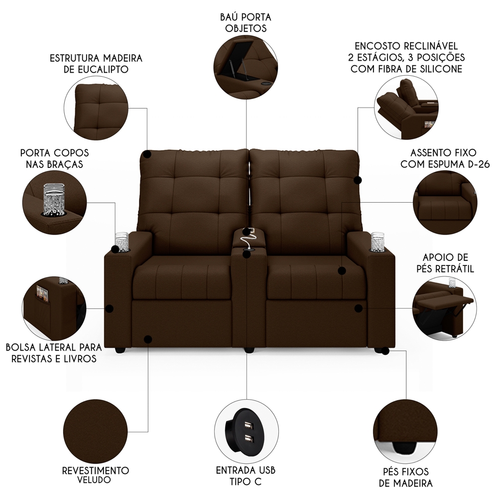 Poltrona de Cinema Reclinável 2 Lugares Baú USB Mallie FH9 Veludo Marrom - Mpozenato