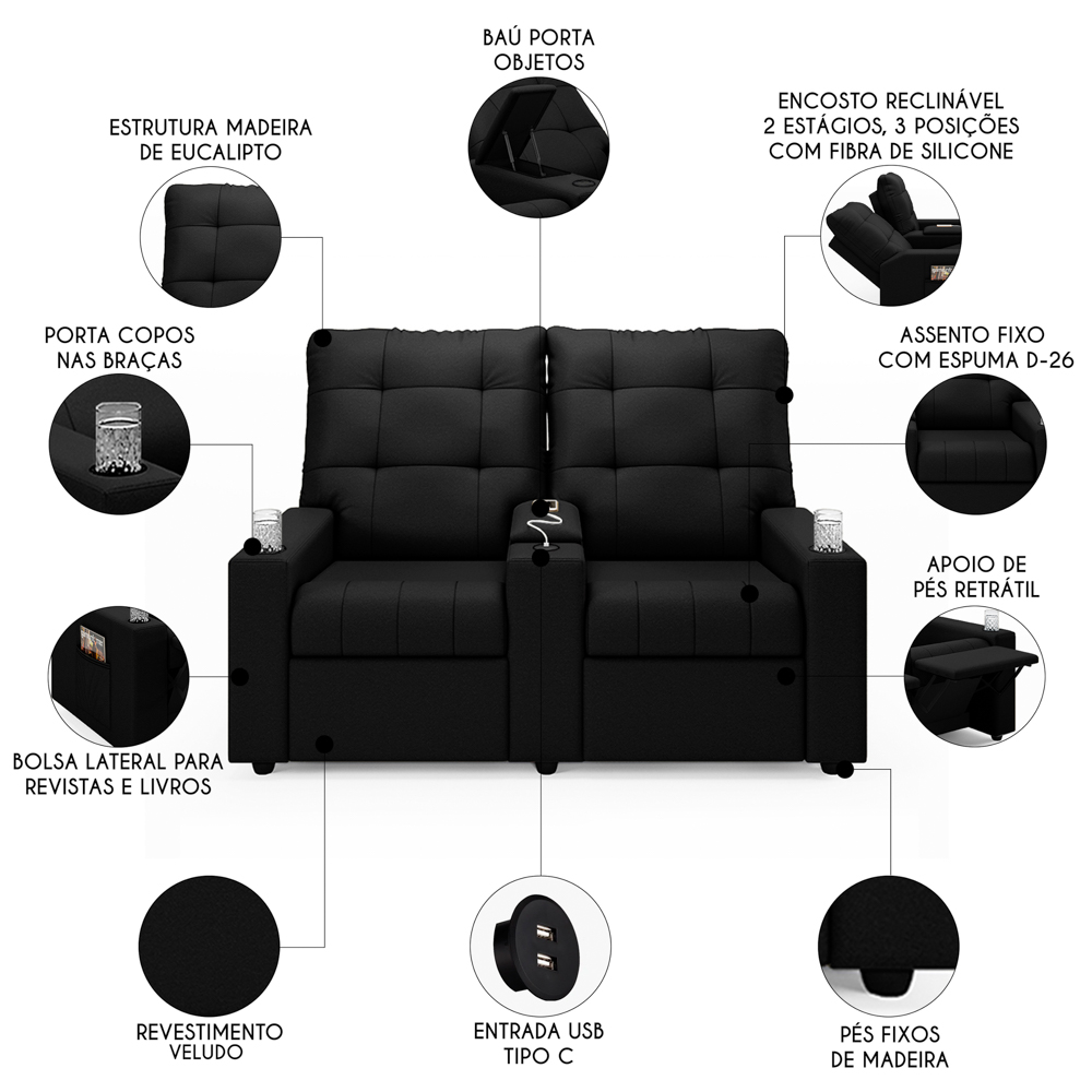 Poltrona de Cinema Reclinável 2 Lugares Baú USB Mallie FH9 Veludo Preto - Mpozenato