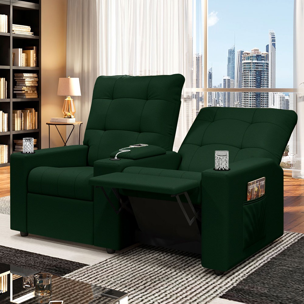 Poltrona de Cinema Reclinável 2 Lugares Baú USB Mallie FH9 Veludo Verde - Mpozenato