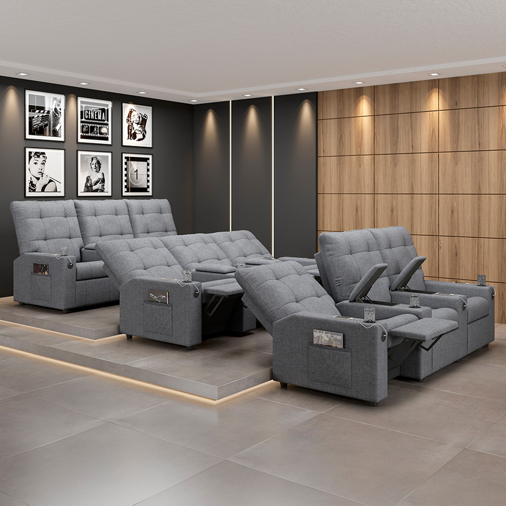 Poltrona de Cinema Reclinável 3 Lugares Baú USB Mallie FH9 Linho Cinza - Mpozenato