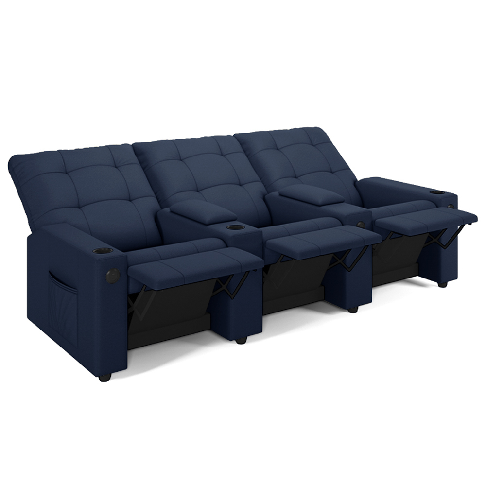 Poltrona de Cinema Reclinável 3 Lugares Baú USB Mallie FH9 PU Azul - Mpozenato