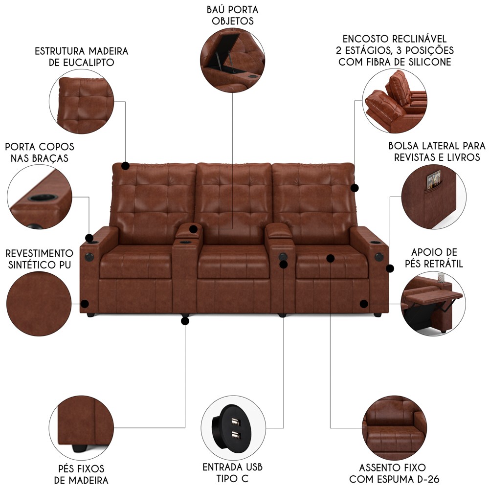 Poltrona de Cinema Reclinável 3 Lugares Baú USB Mallie FH9 PU Marrom Brilho - Mpozenato