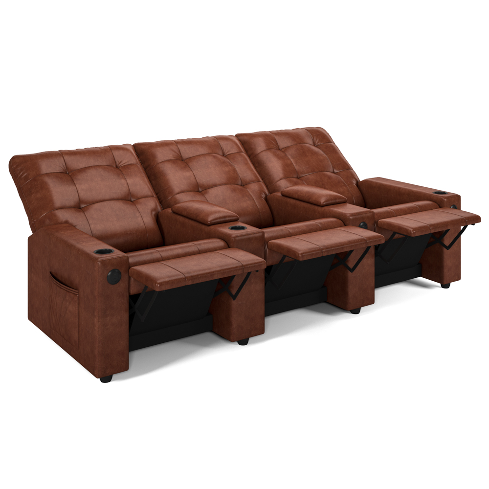Poltrona de Cinema Reclinável 3 Lugares Baú USB Mallie FH9 PU Marrom Brilho - Mpozenato