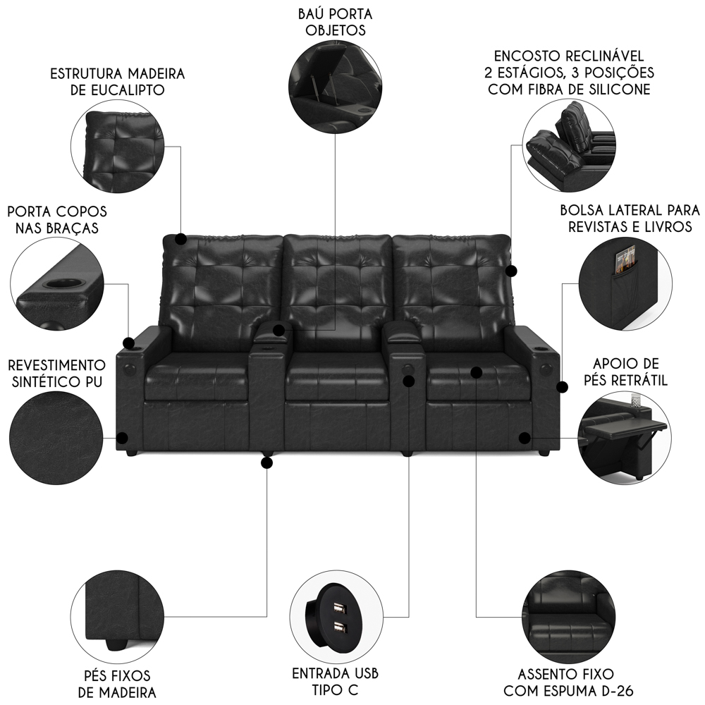 Poltrona de Cinema Reclinável 3 Lugares Baú USB Mallie FH9 PU Preto Brilho - Mpozenato