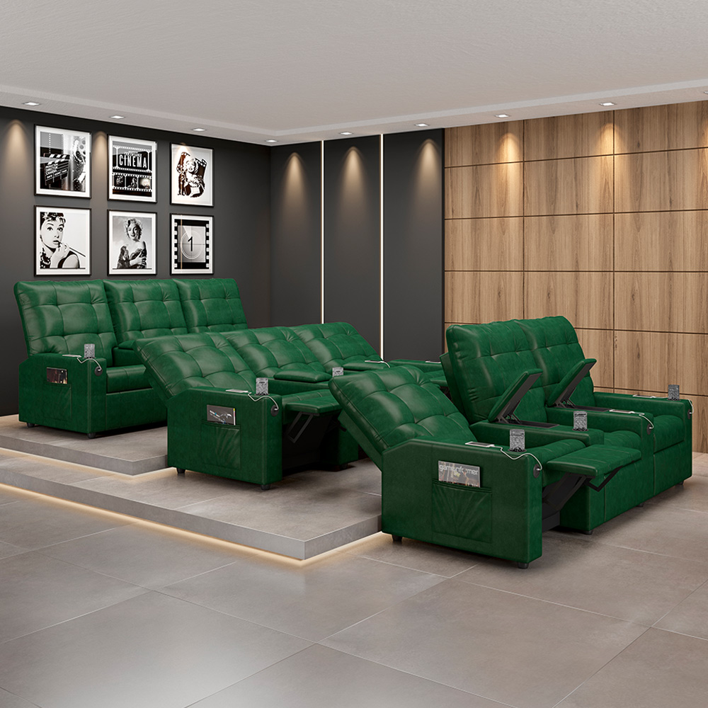 Poltrona de Cinema Reclinável 3 Lugares Baú USB Mallie FH9 PU Verde Musgo - Mpozenato