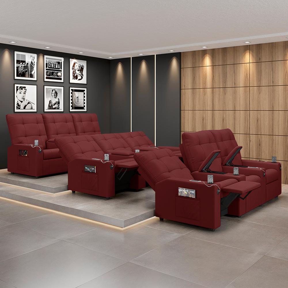 Poltrona de Cinema Reclinável 3 Lugares Baú USB Mallie FH9 PU Vermelho - Mpozenato