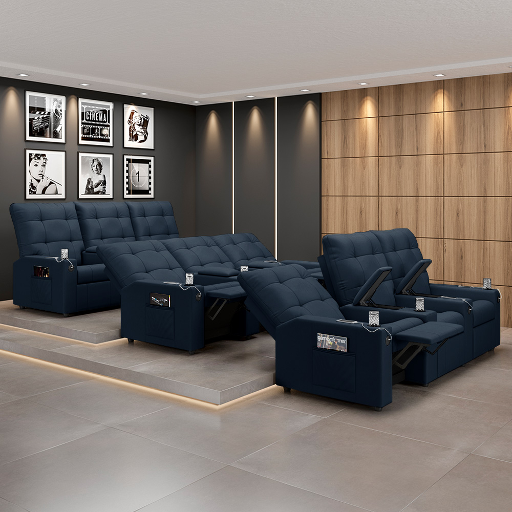 Poltrona de Cinema Reclinável 3 Lugares Baú USB Mallie FH9 Veludo Azul - Mpozenato