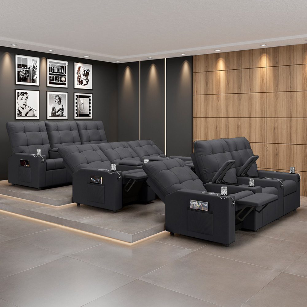 Poltrona de Cinema Reclinável 3 Lugares Baú USB Mallie FH9 Veludo Cinza - Mpozenato