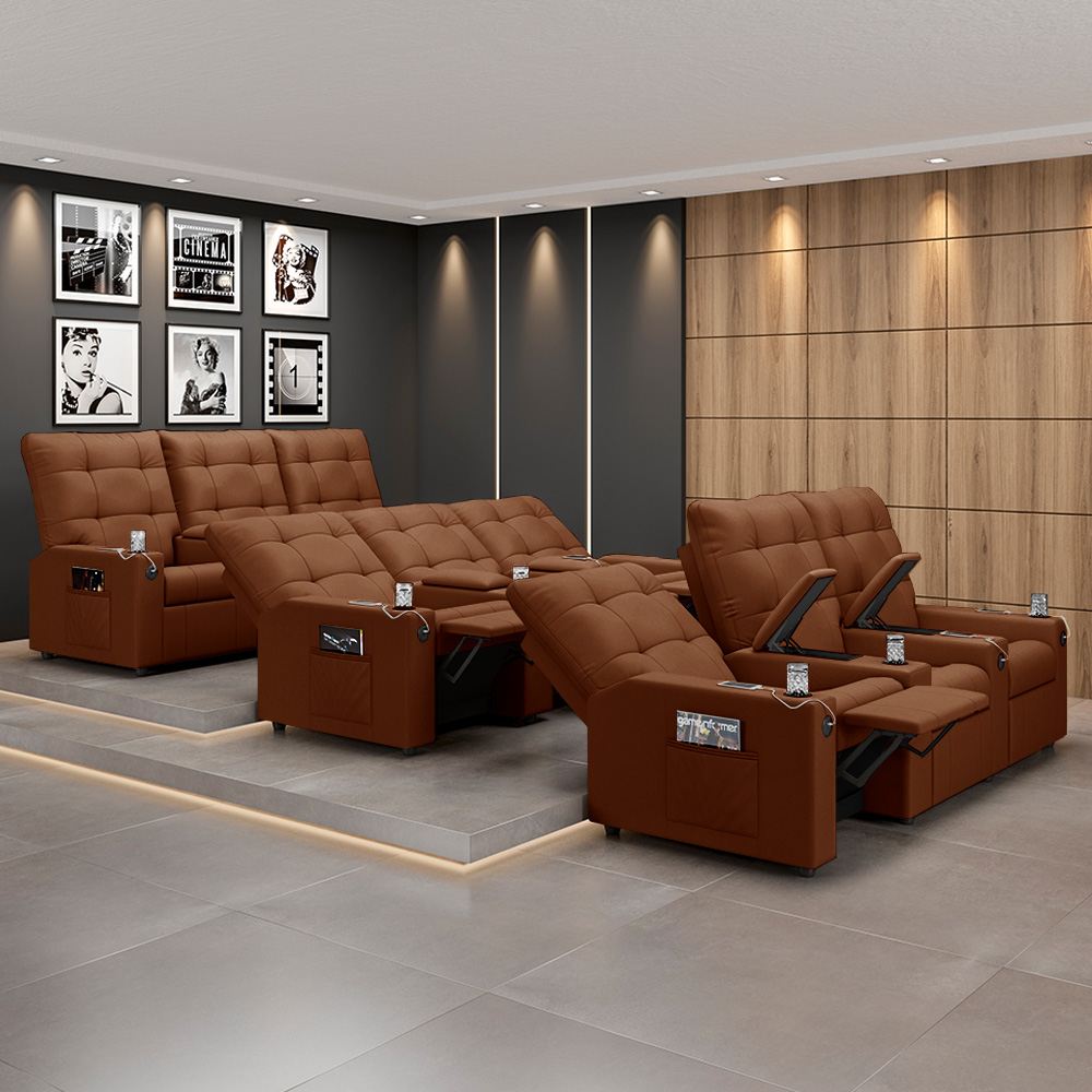 Poltrona de Cinema Reclinável 3 Lugares Baú USB Mallie FH9 Veludo Terracota - Mpozenato
