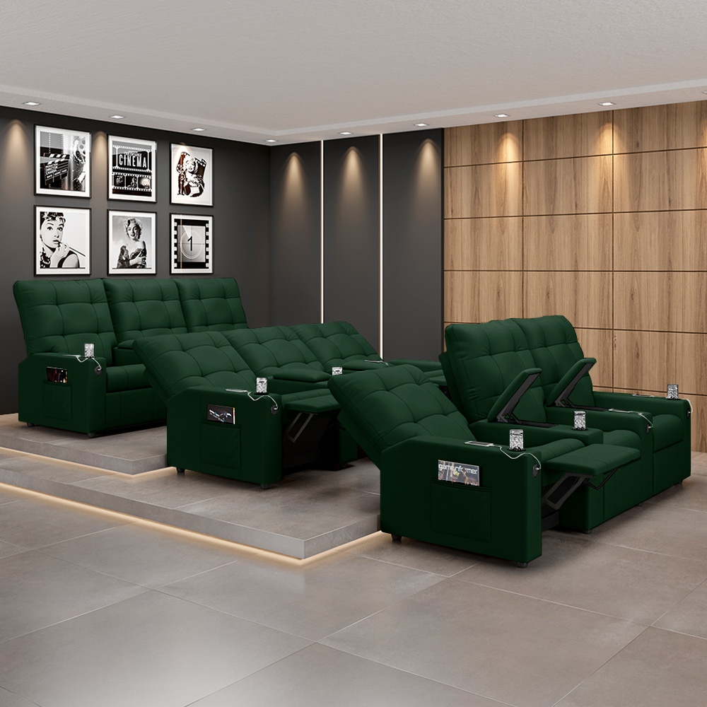 Poltrona de Cinema Reclinável 3 Lugares Baú USB Mallie FH9 Veludo Verde - Mpozenato