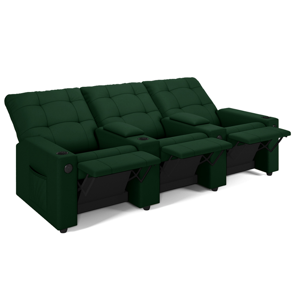 Poltrona de Cinema Reclinável 3 Lugares Baú USB Mallie FH9 Veludo Verde - Mpozenato