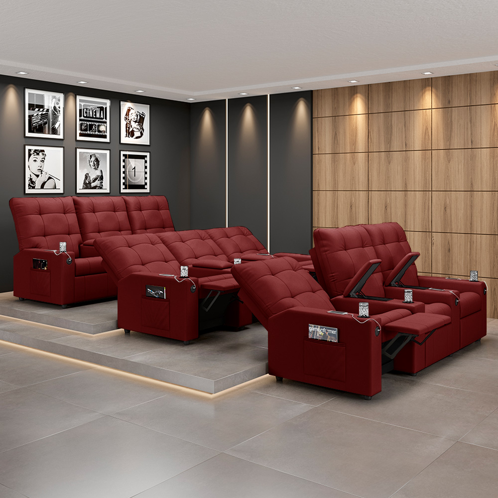 Poltrona de Cinema Reclinável 3 Lugares Baú USB Mallie FH9 Veludo Vermelho - Mpozenato