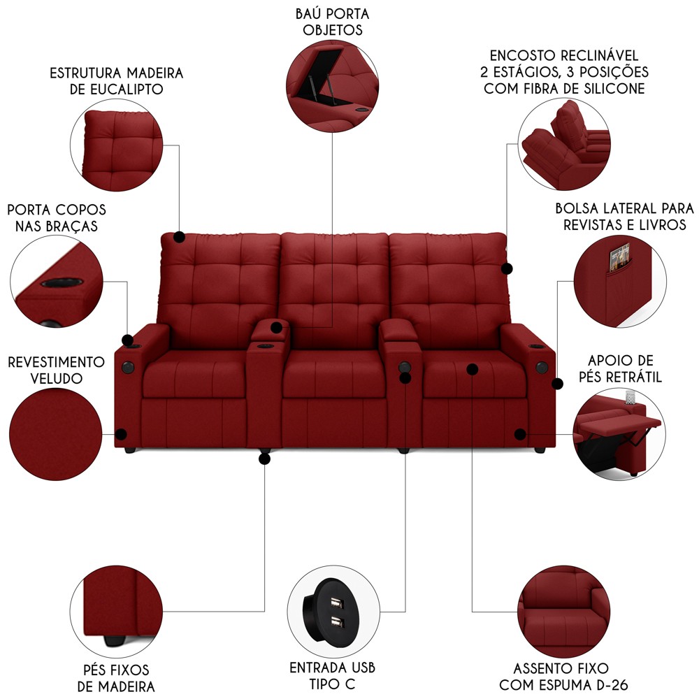 Poltrona de Cinema Reclinável 3 Lugares Baú USB Mallie FH9 Veludo Vermelho - Mpozenato