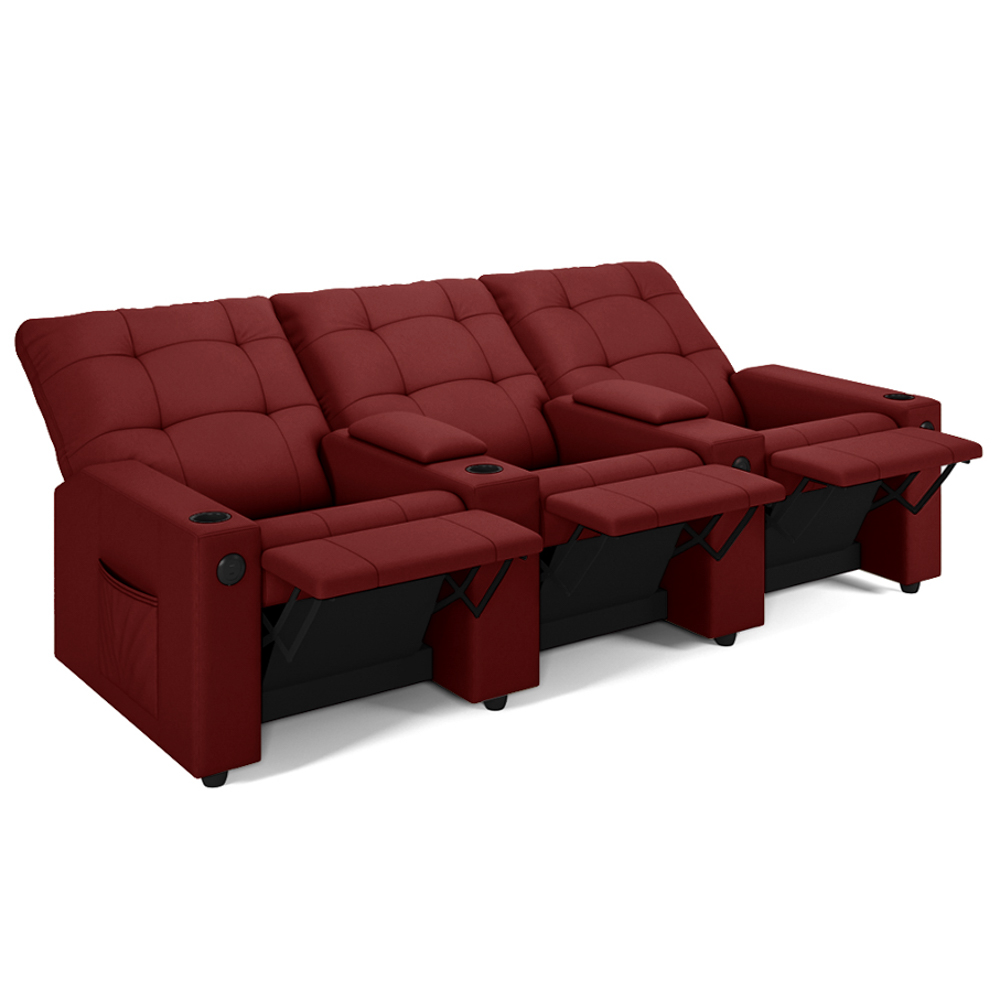 Poltrona de Cinema Reclinável 3 Lugares Baú USB Mallie FH9 Veludo Vermelho - Mpozenato