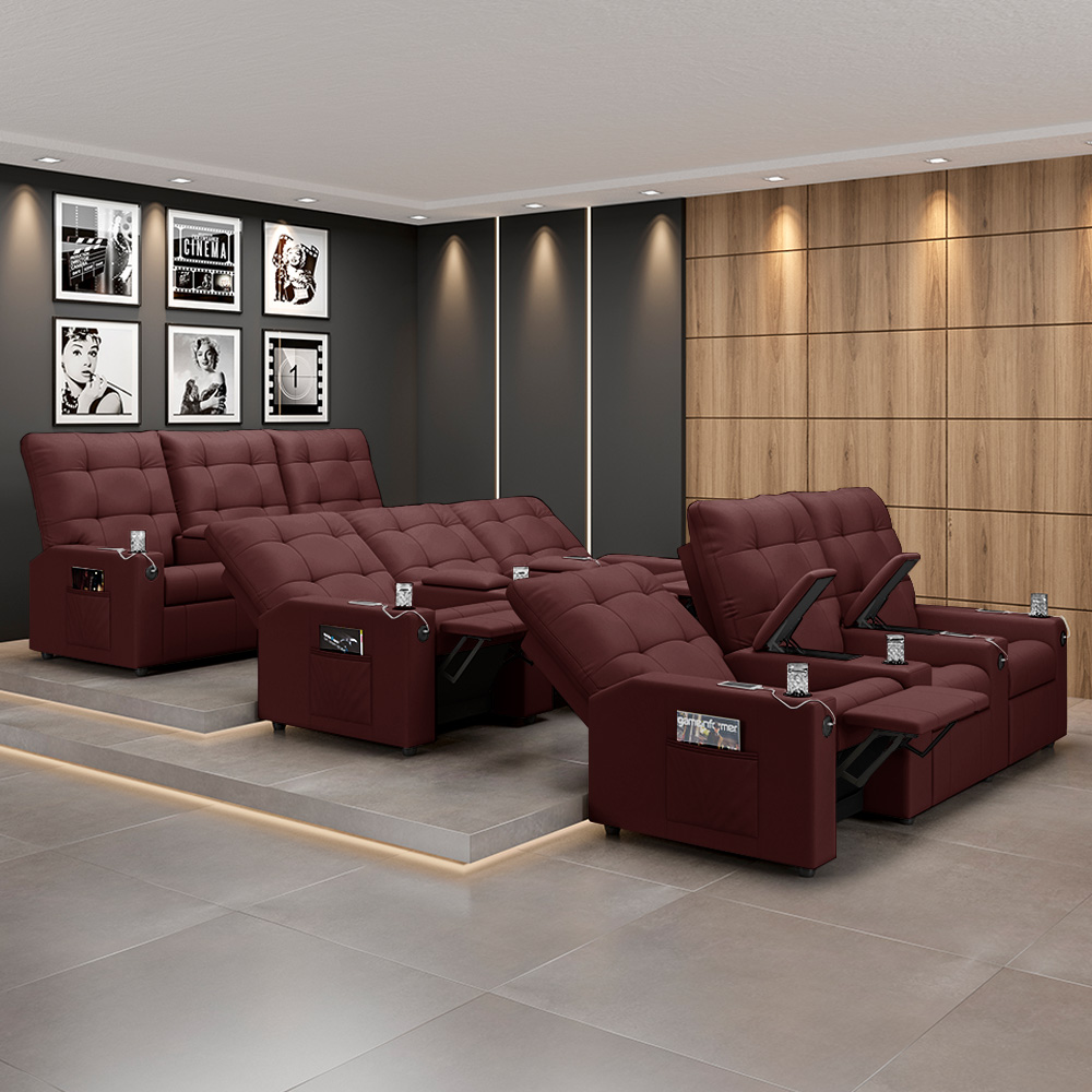 Poltrona de Cinema Reclinável 3 Lugares Baú USB Mallie FH9 Veludo Vinho - Mpozenato
