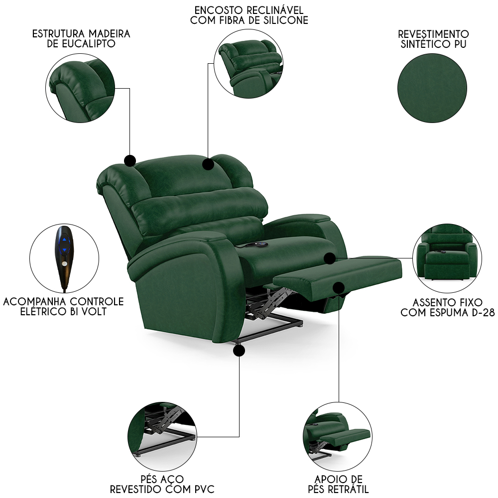 Poltrona do Papai Reclinável Kalie Controle Power Elétrico FH9 PU Verde Musgo - Mpozenato
