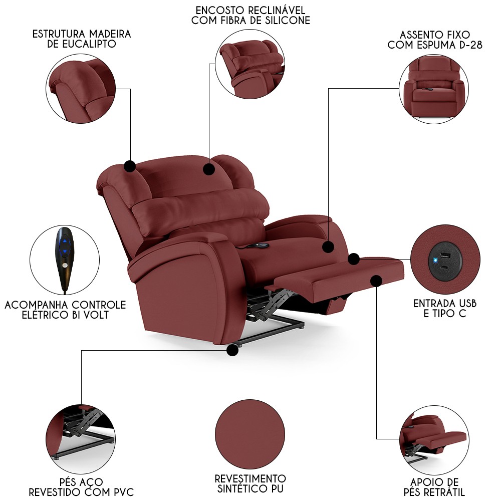 Poltrona do Papai Reclinável Kalie Controle Power Elétrico USB FH9 PU Vermelho - Mpozenato