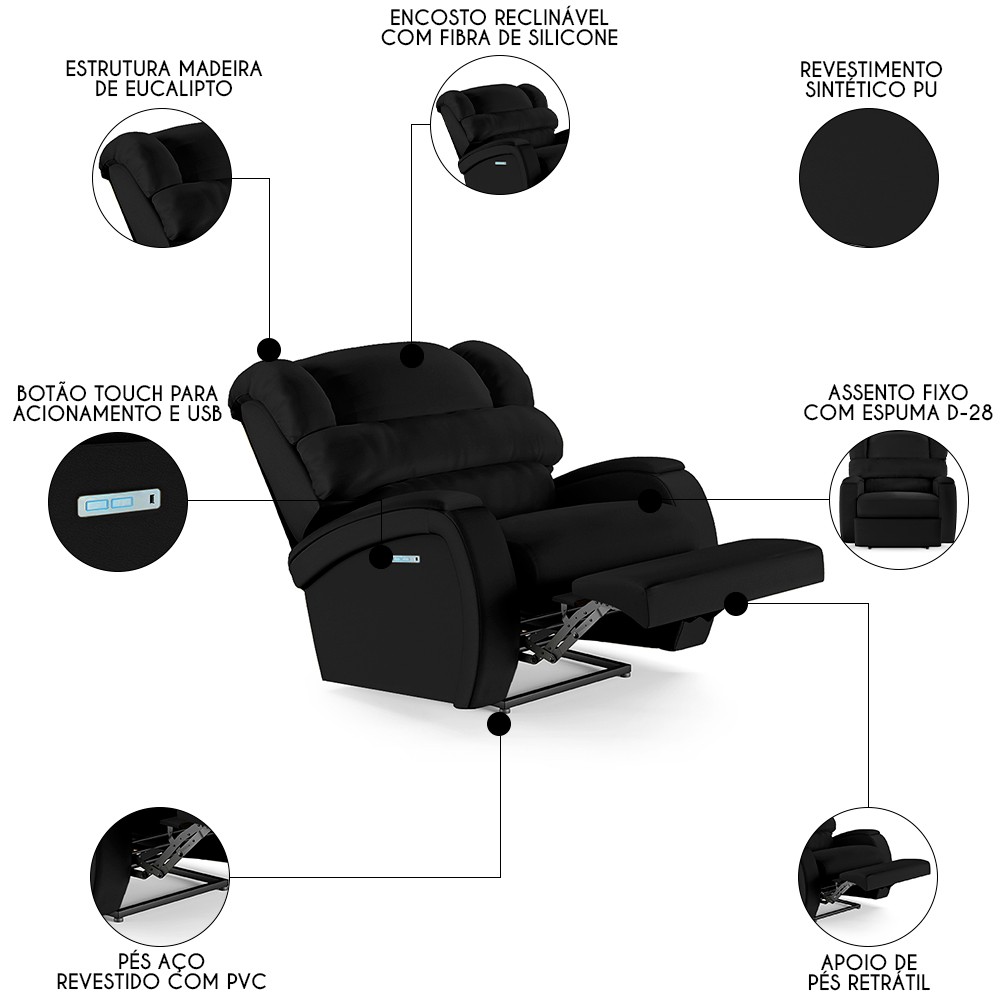 Poltrona do Papai Reclinável Kalie Elétrica Botão LED FH9 PU Preto - Mpozenato