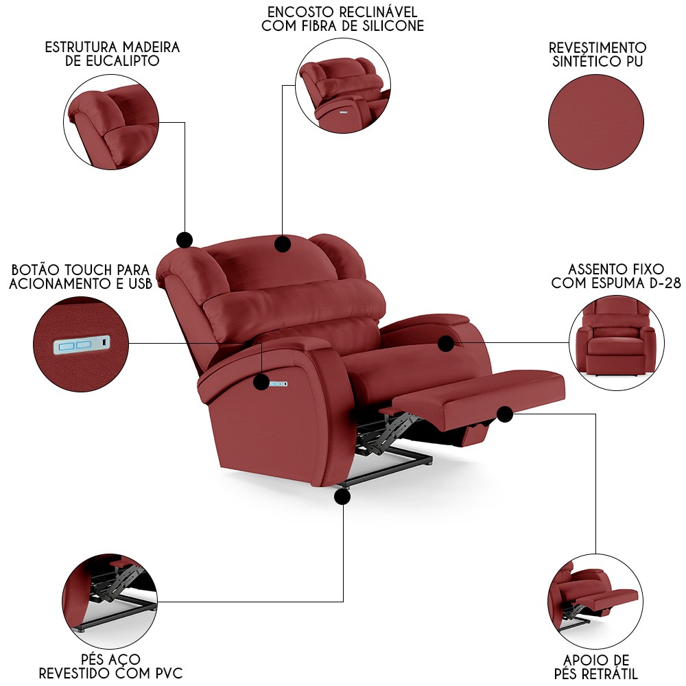 Poltrona do Papai Reclinável Kalie Elétrica Botão LED FH9 PU Vermelho - Mpozenato