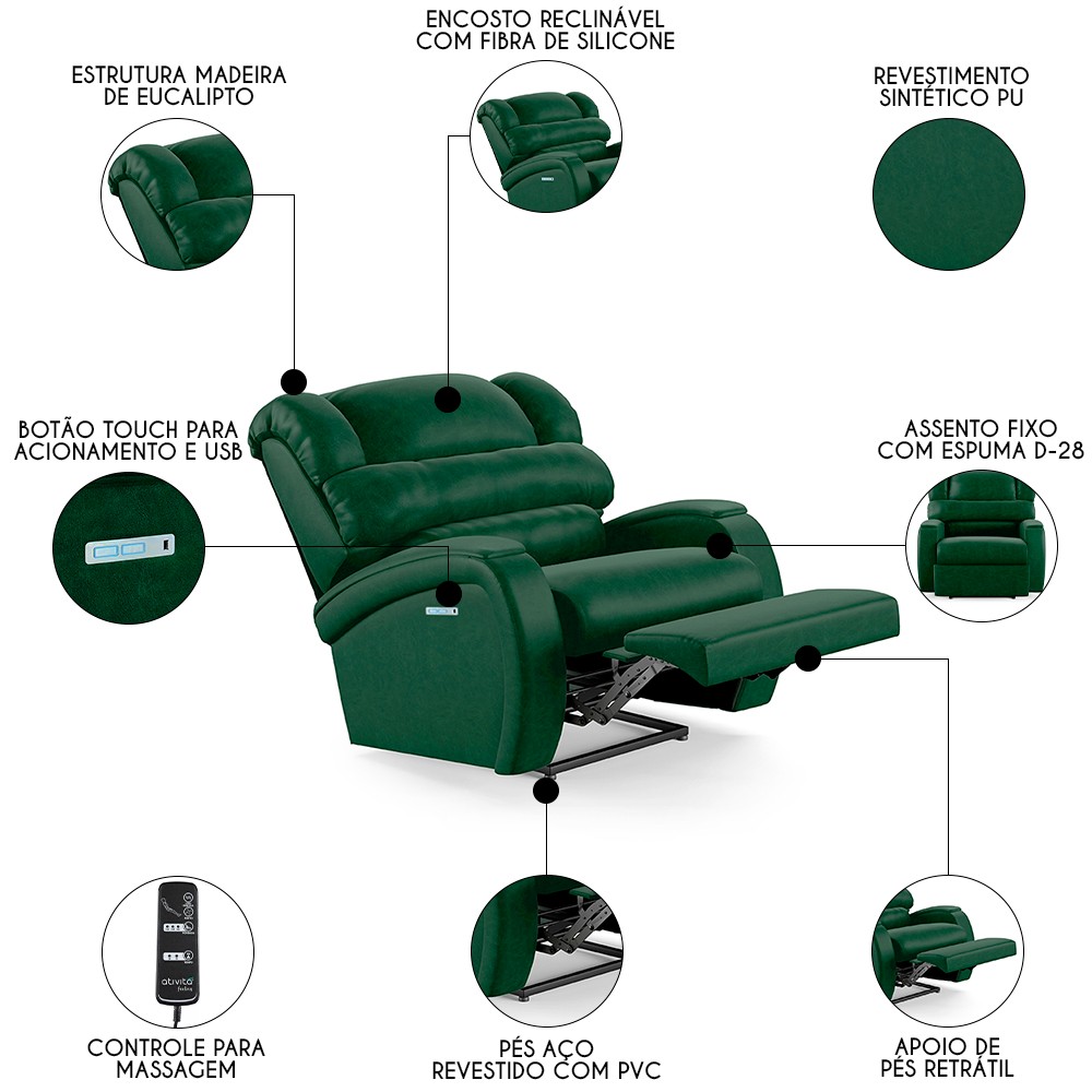 Poltrona do Papai Reclinável Kalie Elétrica Botão LED Massagem FH9 PU Verde Musgo - Mpozenato