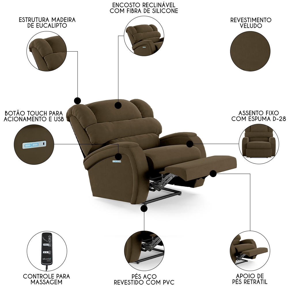 Poltrona do Papai Reclinável Kalie Elétrica Botão LED Massagem FH9 Veludo Capuccino - Mpozenato