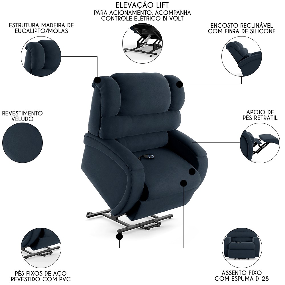 Poltrona do Papai Reclinável Kalie Elevação Lift Elétrico FH9 Veludo Azul - Mpozenato