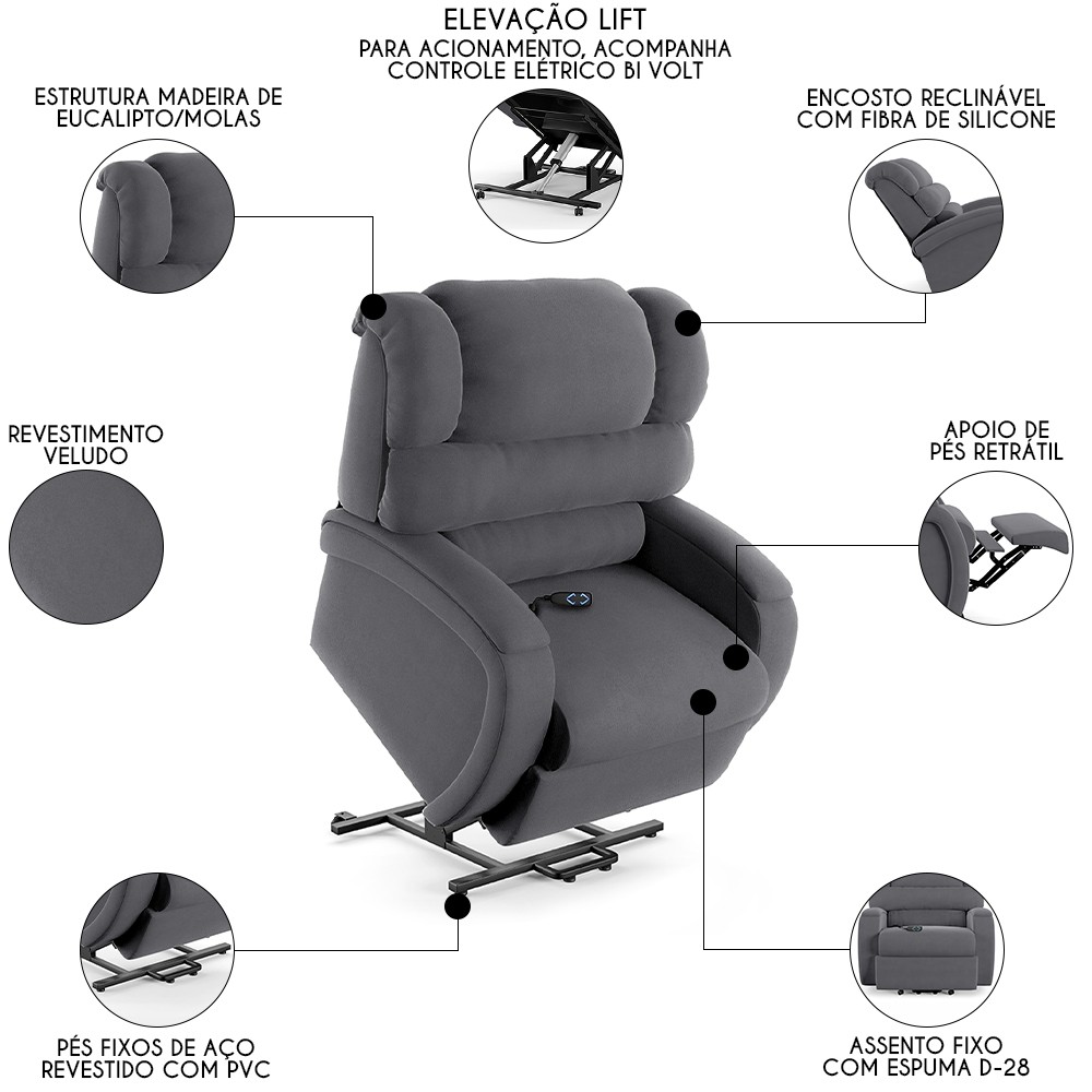 Poltrona do Papai Reclinável Kalie Elevação Lift Elétrico FH9 Veludo Cinza - Mpozenato
