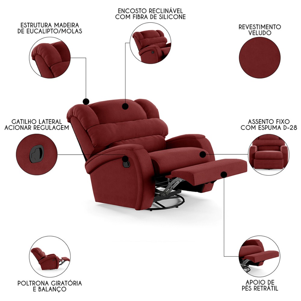 Poltrona do Papai Reclinável Kalie Glider Giratória FH9 Veludo Vermelho - Mpozenato