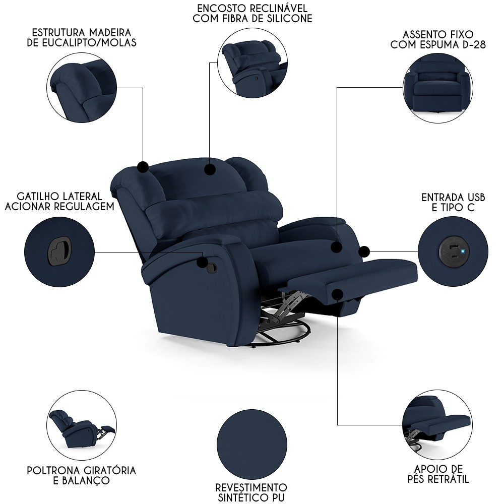Poltrona do Papai Reclinável Kalie Glider Giratória Massagem FH9 PU Azul - Mpozenato