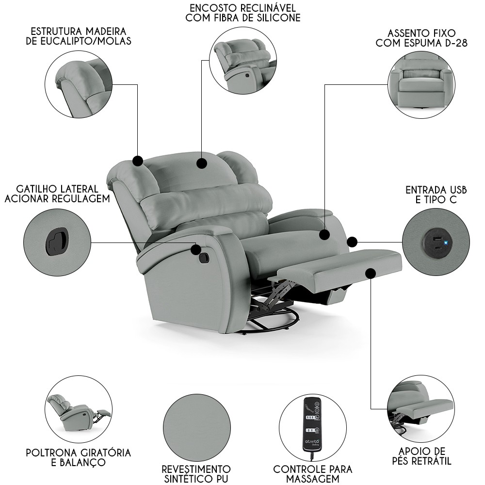 Poltrona do Papai Reclinável Kalie Glider Giratória Massagem FH9 PU Cinza - Mpozenato