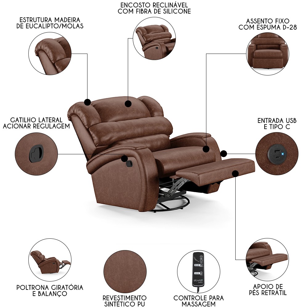 Poltrona do Papai Reclinável Kalie Glider Giratória Massagem FH9 PU Marrom Brilho - Mpozenato