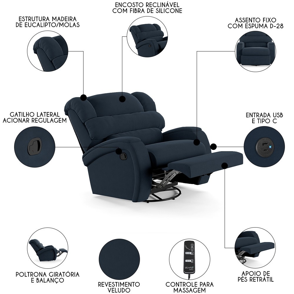 Poltrona do Papai Reclinável Kalie Glider Giratória Massagem FH9 Veludo Azul - Mpozenato