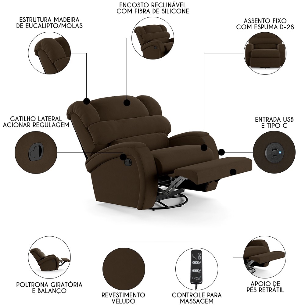 Poltrona do Papai Reclinável Kalie Glider Giratória Massagem FH9 Veludo Marrom - Mpozenato