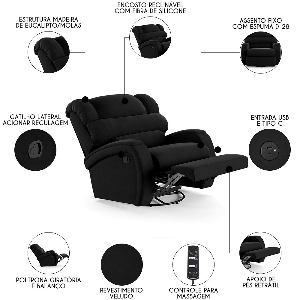 Poltrona do Papai Reclinável Kalie Glider Giratória Massagem FH9 Veludo Preto - Mpozenato