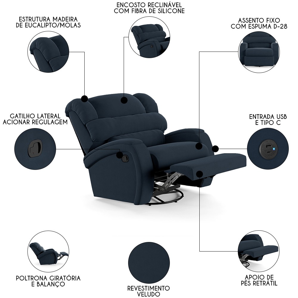 Poltrona do Papai Reclinável Kalie Glider Giratória USB FH9 Veludo Azul - Mpozenato