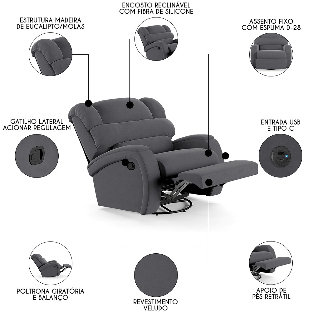 Poltrona do Papai Reclinável Kalie Glider Giratória USB FH9 Veludo Cinza - Mpozenato