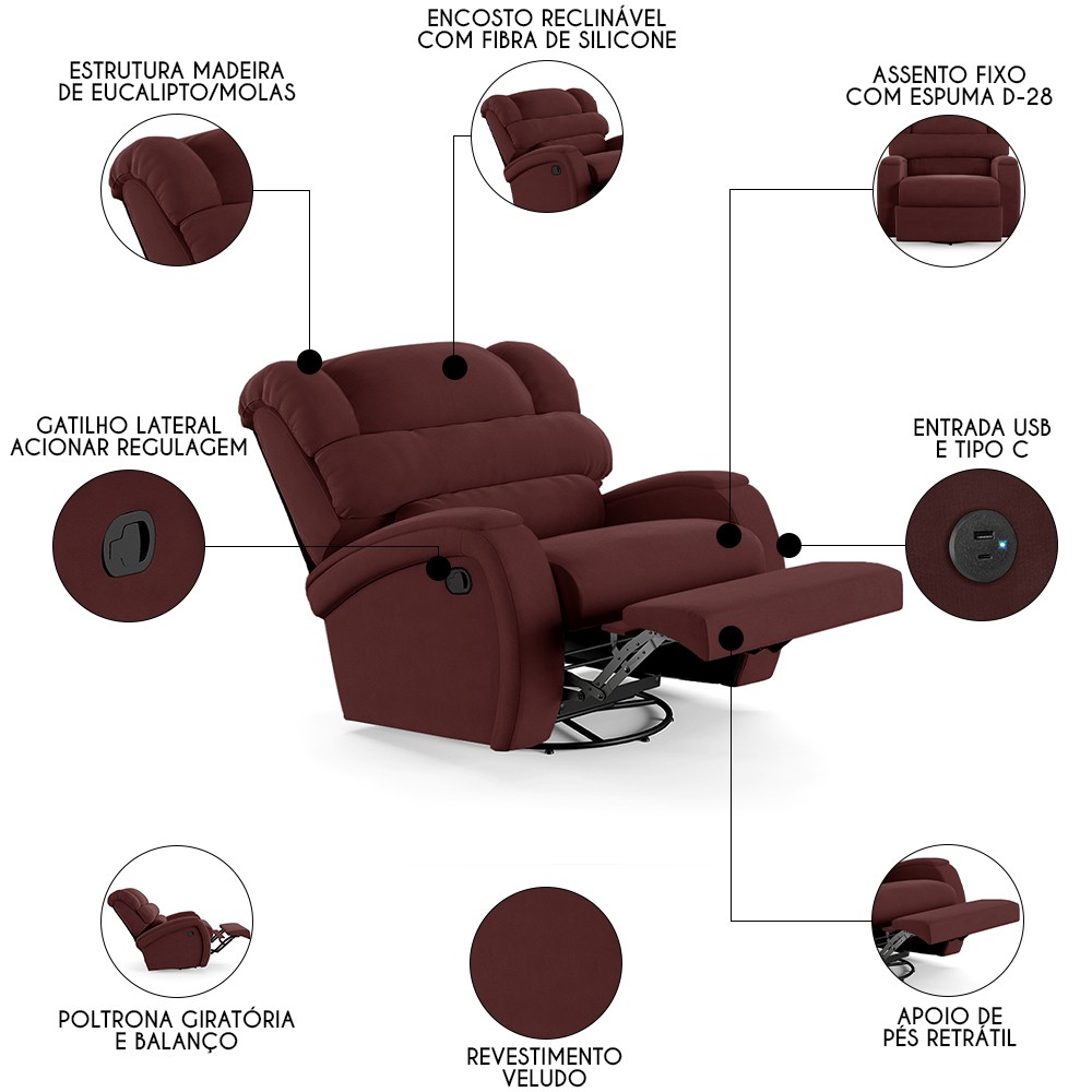 Poltrona do Papai Reclinável Kalie Glider Giratória USB FH9 Veludo Vinho - Mpozenato