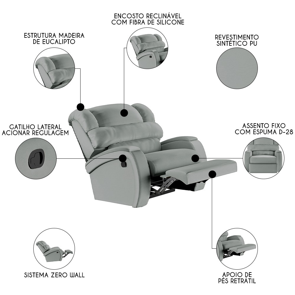 Poltrona do Papai Reclinável Kalie Manual Gatilho FH9 PU Cinza - Mpozenato