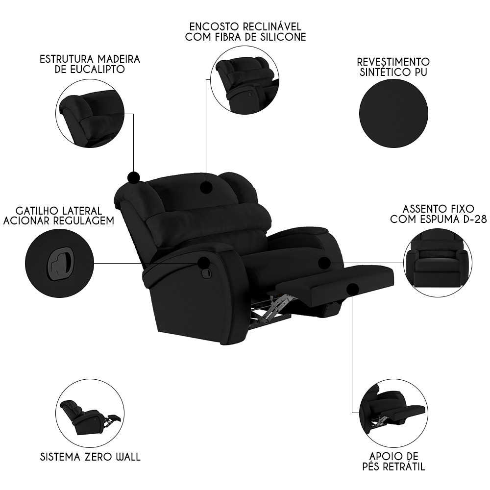 Poltrona do Papai Reclinável Kalie Manual Gatilho FH9 PU Preto - Mpozenato