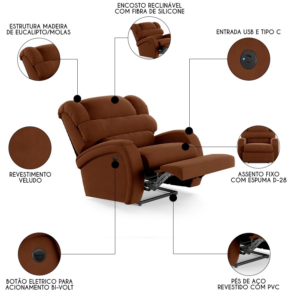 Poltrona do Papai Reclinável Kalie Power Elétrica USB FH9 Veludo Terracota - Mpozenato