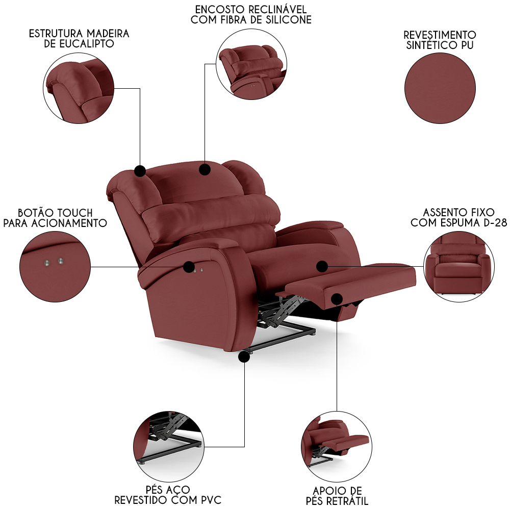Poltrona do Papai Reclinável Kalie Power Touch FH9 PU Vermelho - Mpozenato