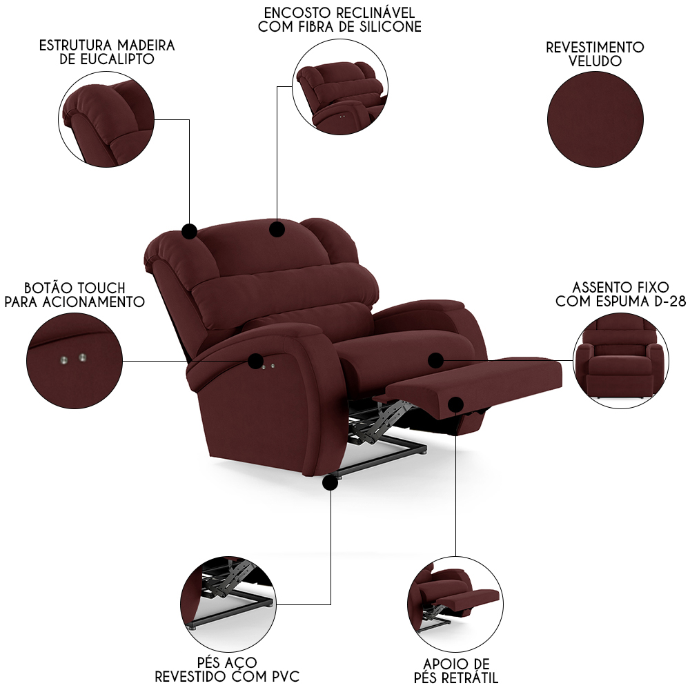 Poltrona do Papai Reclinável Kalie Power Touch FH9 Veludo Vinho - Mpozenato