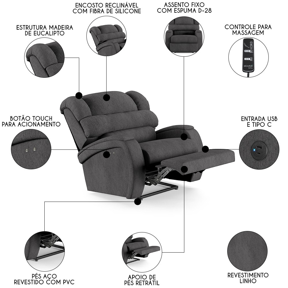 Poltrona do Papai Reclinável Kalie Power Touch Massagem FH9 Linho Grafite - Mpozenato
