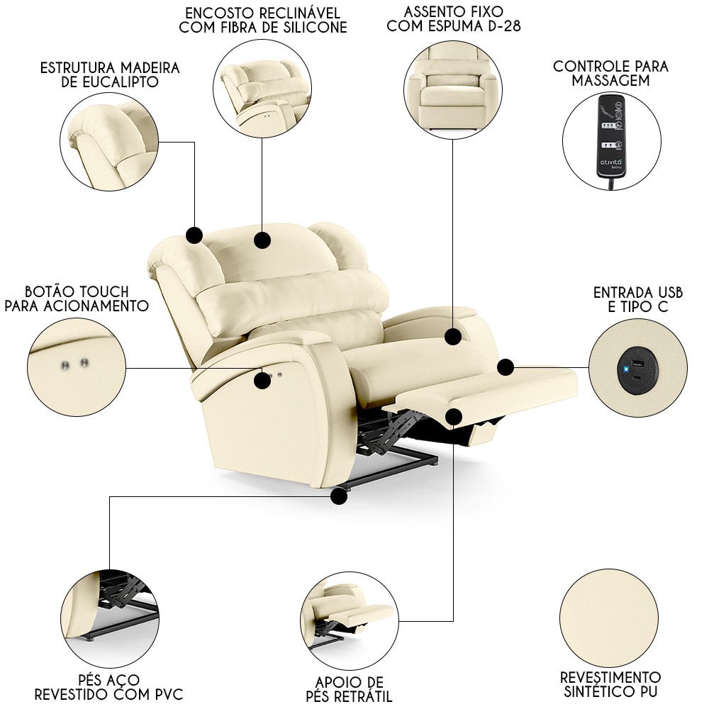 Poltrona do Papai Reclinável Kalie Power Touch Massagem FH9 PU Bege - Mpozenato