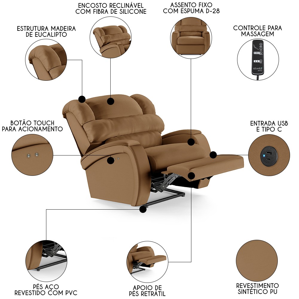 Poltrona do Papai Reclinável Kalie Power Touch Massagem FH9 PU Caramelo - Mpozenato