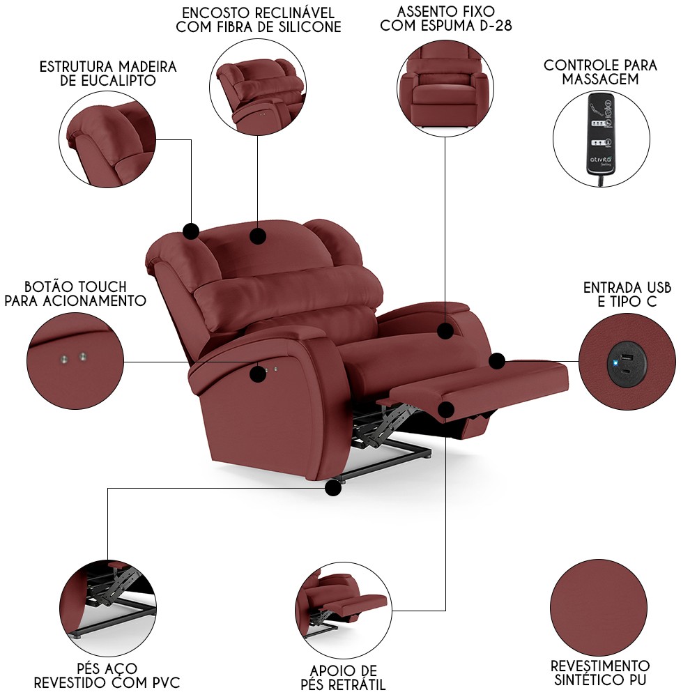 Poltrona do Papai Reclinável Kalie Power Touch Massagem FH9 PU Vermelho - Mpozenato