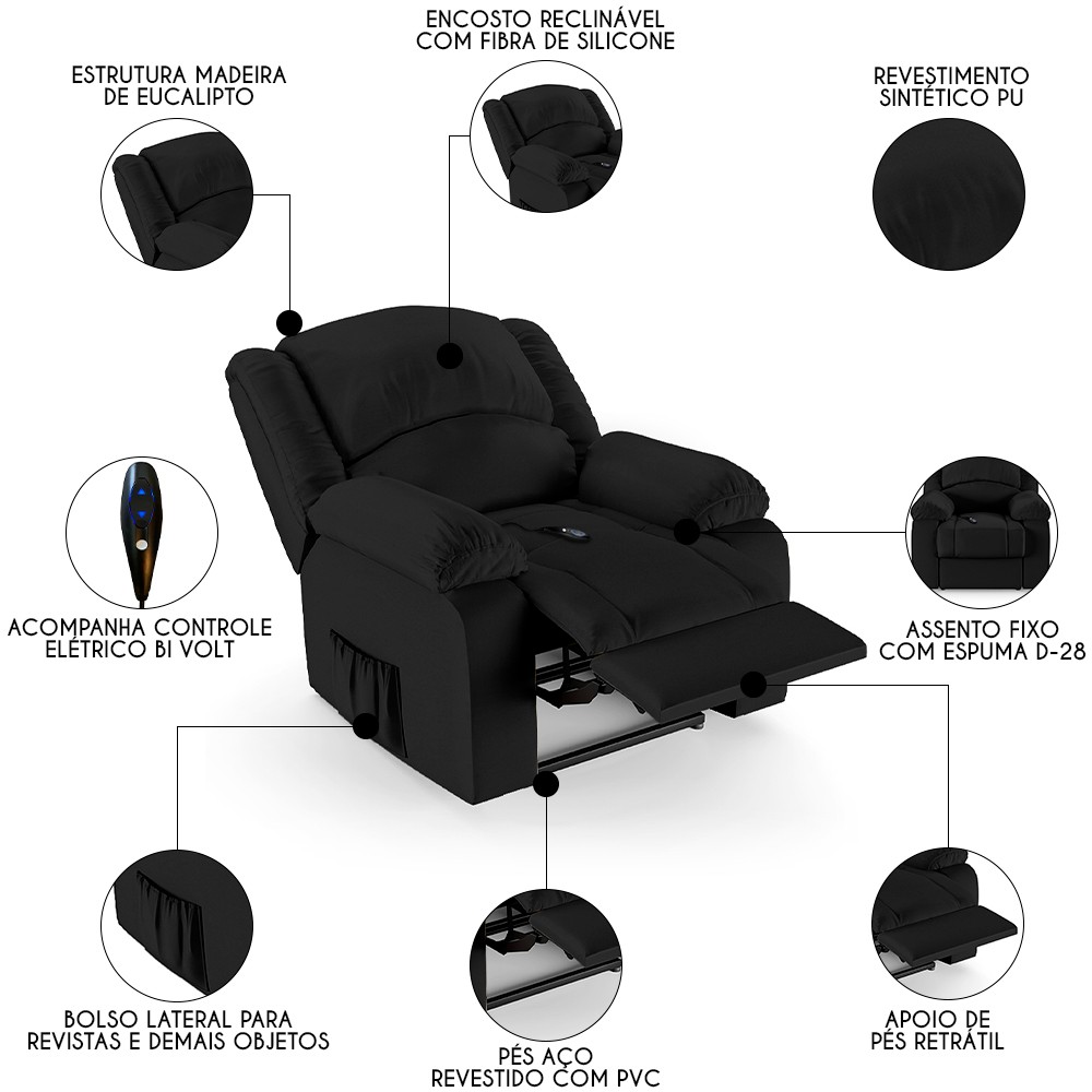 Poltrona do Papai Reclinável Pietra Controle Power Elétrico FH9 PU Preto - Mpozenato