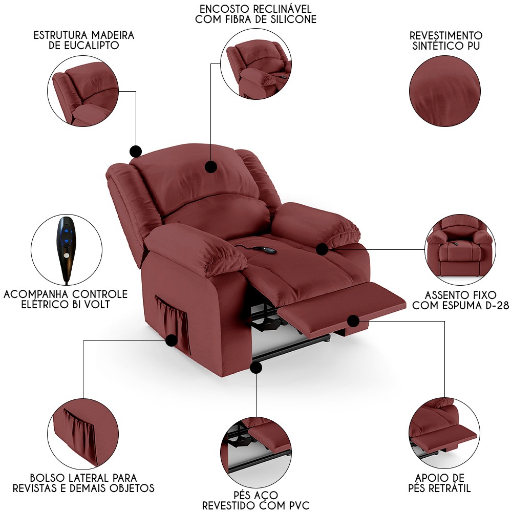 Poltrona do Papai Reclinável Pietra Controle Power Elétrico FH9 PU Vermelho - Mpozenato