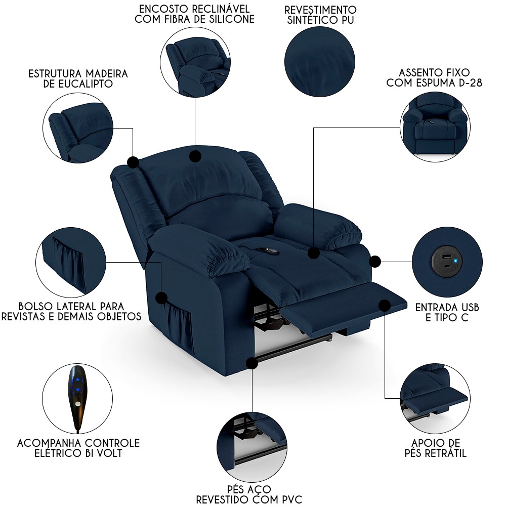 Poltrona do Papai Reclinável Pietra Controle Power Elétrico USB FH9 PU Azul - Mpozenato