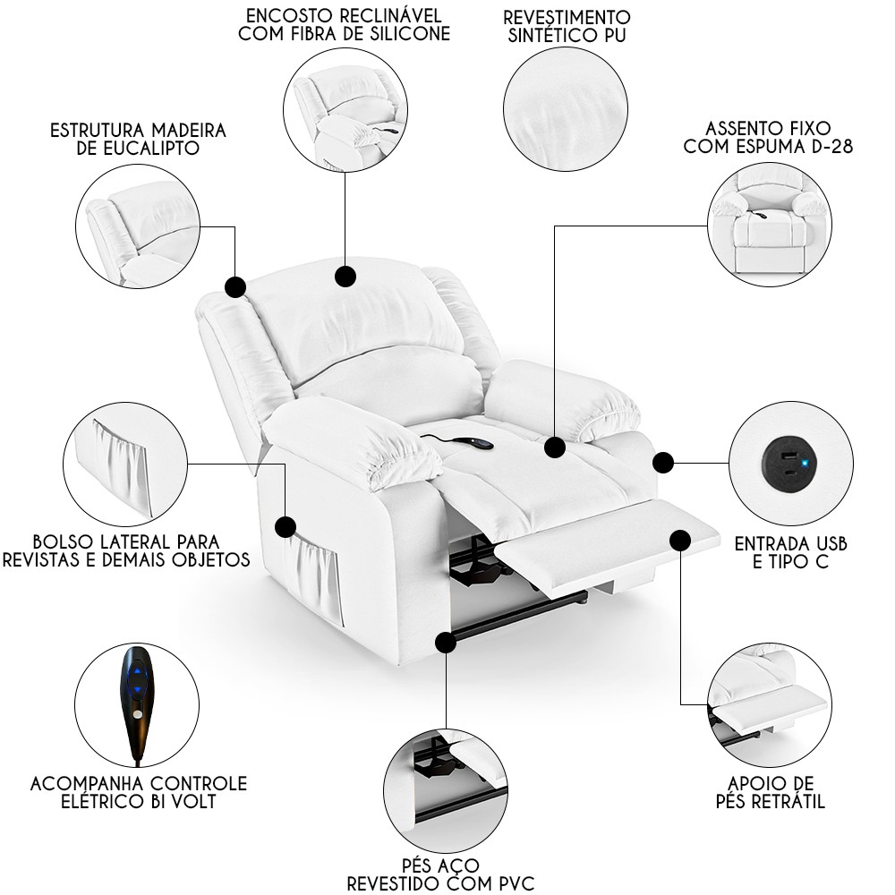 Poltrona do Papai Reclinável Pietra Controle Power Elétrico USB FH9 PU Branco - Mpozenato